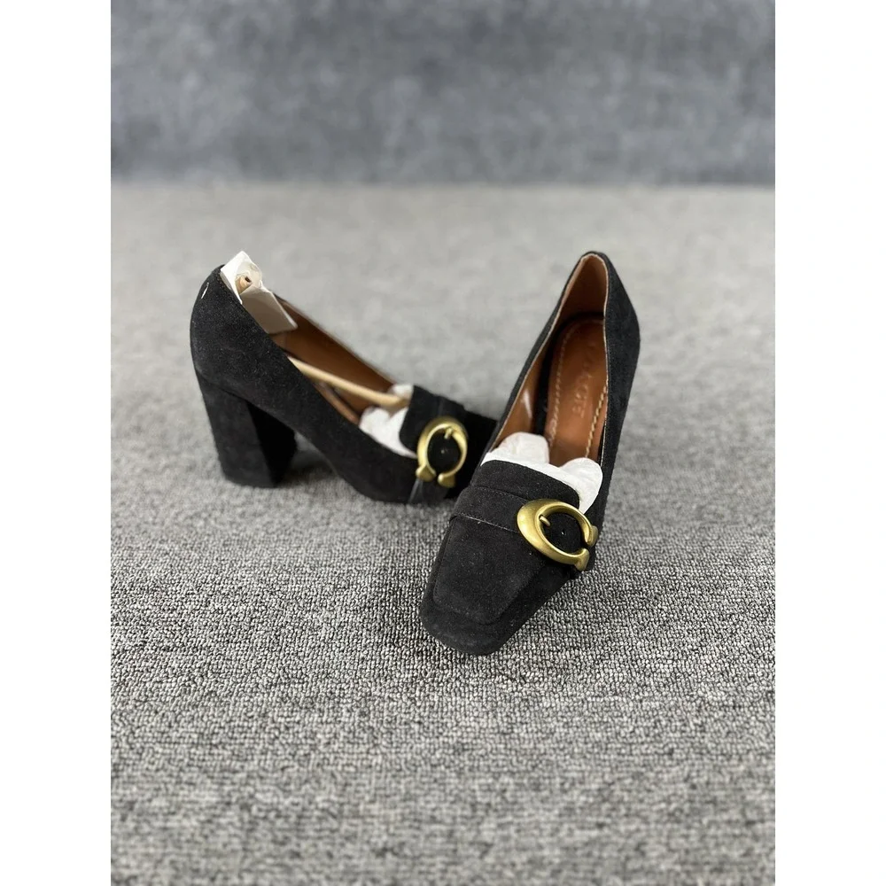 Coach Heels Womens 5 Black Suede Block Heel‎ Buckle Square Toe Pump G2391